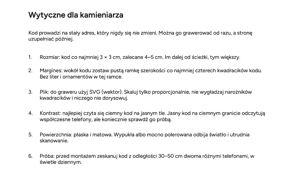 Druga strona pliku PDF z kodem QR: wytyczne dla kamieniarza w sześciu punktach